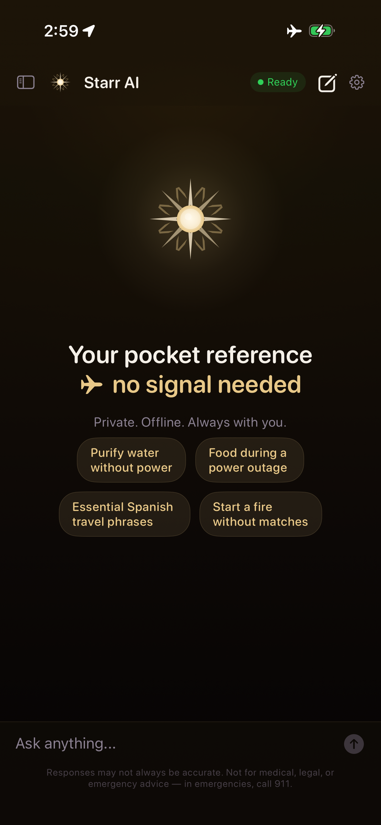 Starr AI home screen with offline-reference chips