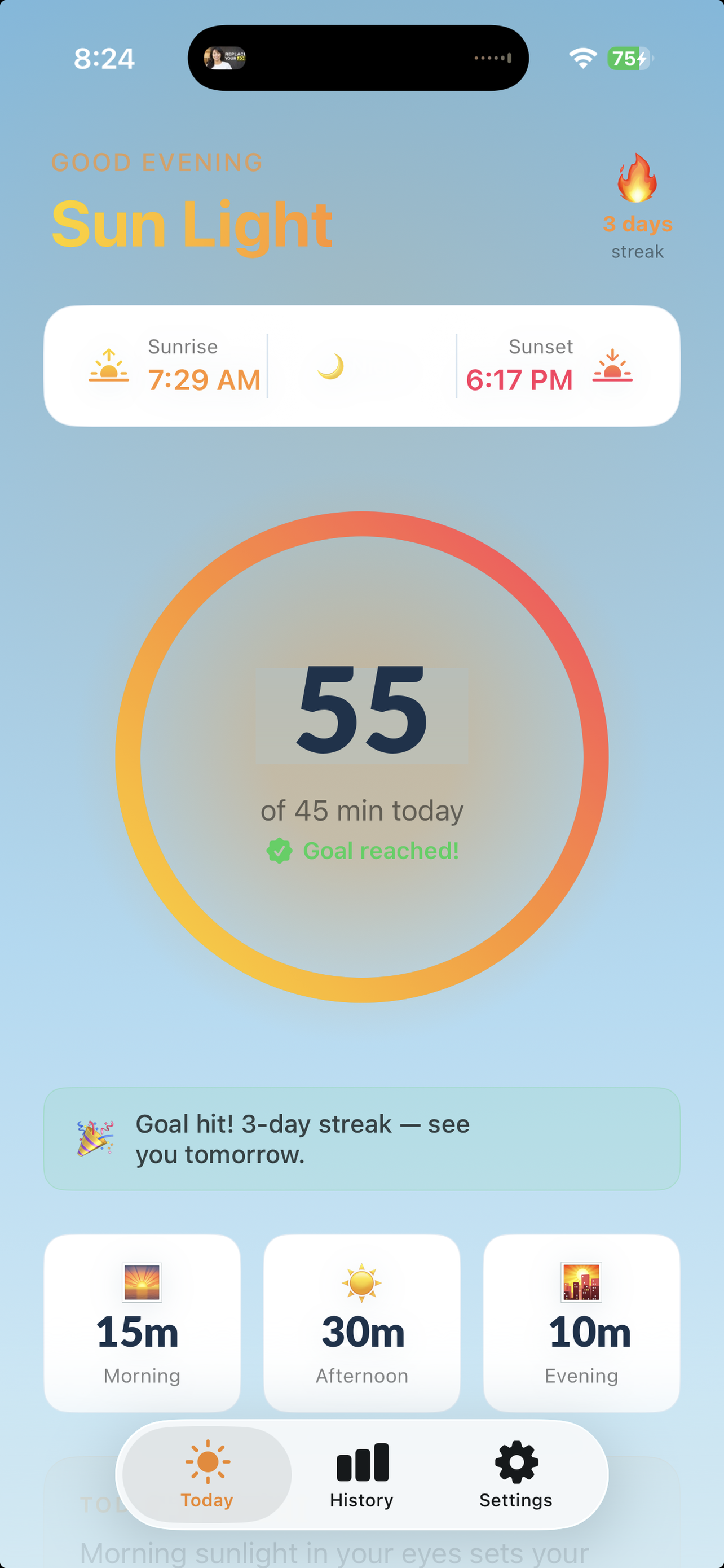 Sun Light Today screen showing a daily ring filled at 55 of 45 minutes with a goal-reached badge